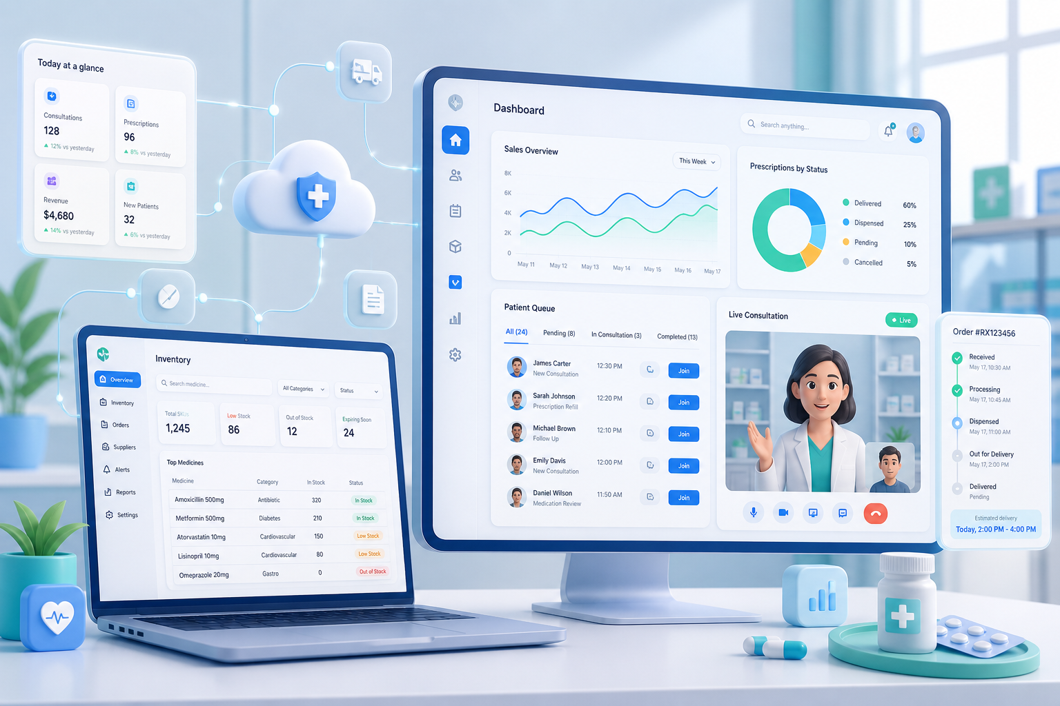 แดชบอร์ดระบบ SaaS TelePharmConnect สำหรับบริหารร้านยา